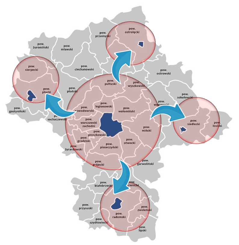 Mapa województwa mazowieckiego — obszar działania DomExpert24